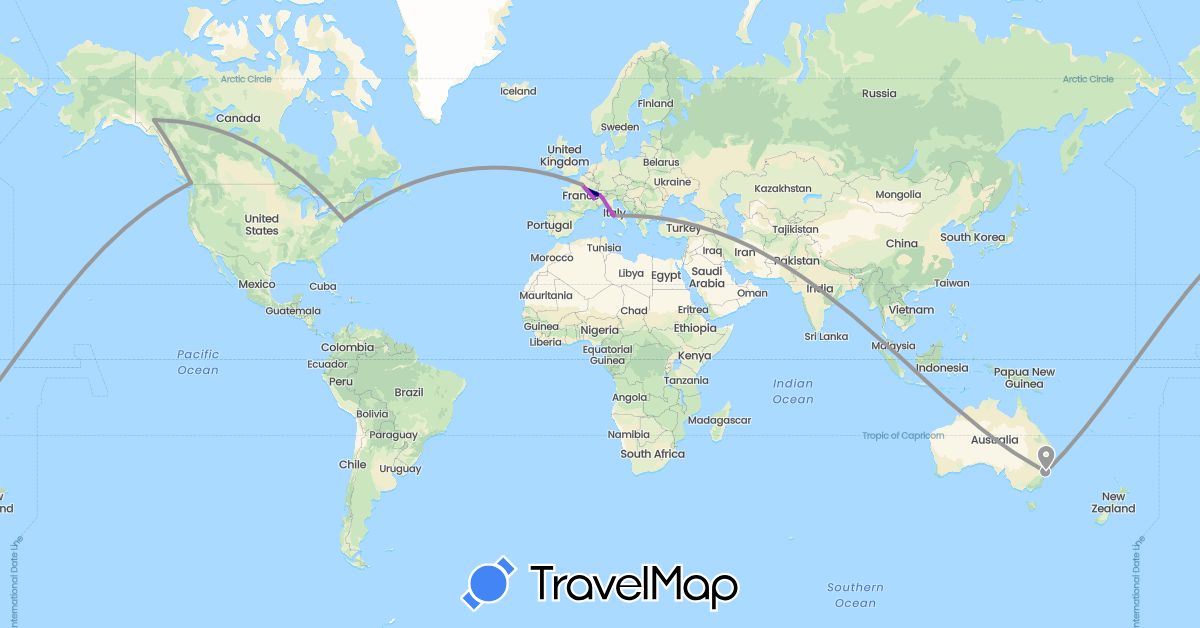 TravelMap itinerary: driving, plane, train, hiking in Australia, Canada, Switzerland, France, Italy, Singapore, United States (Asia, Europe, North America, Oceania)